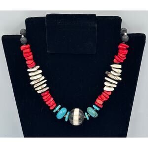 Vintage Native American Handcrafted Coral Turquoise Lava Beaded Necklace 19"